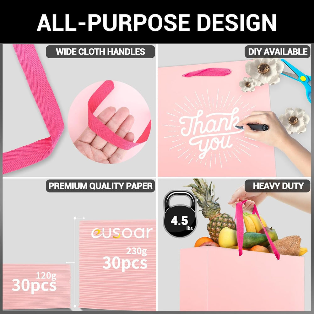EUSOAR Small Pink Gifts Wrap Bags, 30 Pack 8.6x3.9x7 inches Shopping Bags wit...