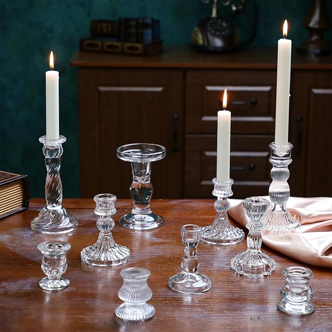 Mumufy 10 Pcs Glass Crystal Taper Candle Holders Clear Glass Candlestick Holder Fit 0.8 Inch Candles Crystal Decorative Candle Stand Centerpiece Table Wedding Dining Party (Classic,Clear)