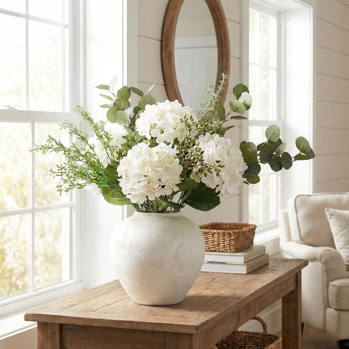 Faux Arrangement - Eucalyptus & White Hydrangea Flowers, Large Artificial Floral Greenery Centerpieces for Tables, Modern Farmhouse Decor for Dining Room, Kitchen & Coffee Table, 30 inches Tall
