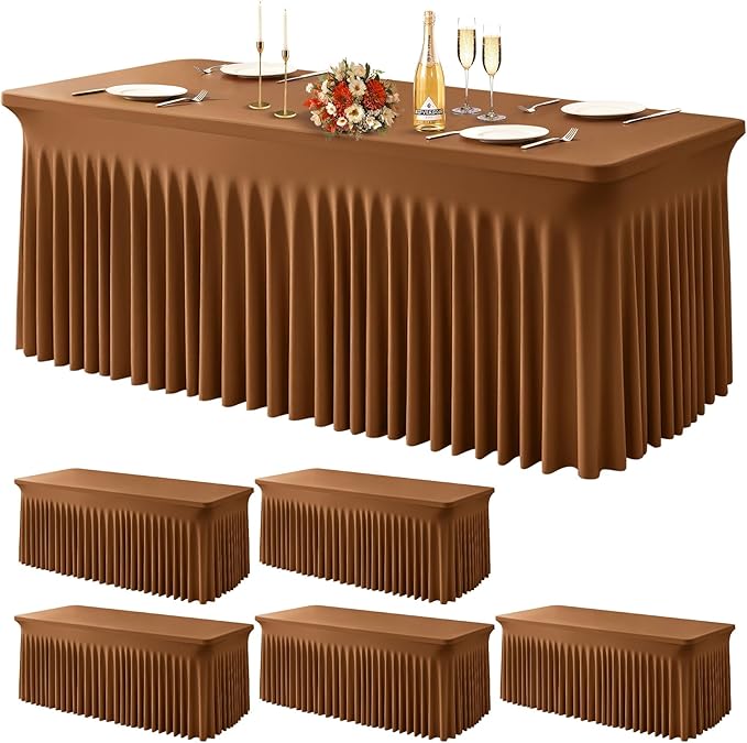 Wish Care 6 Pack Brown Spandex Table Clothes for 8 Foot Rectangle Tables, 8FT Wrinkle Free Fitted Tablecloths Ruffles Design Table Cover for Party, Banquet, Wedding and Events