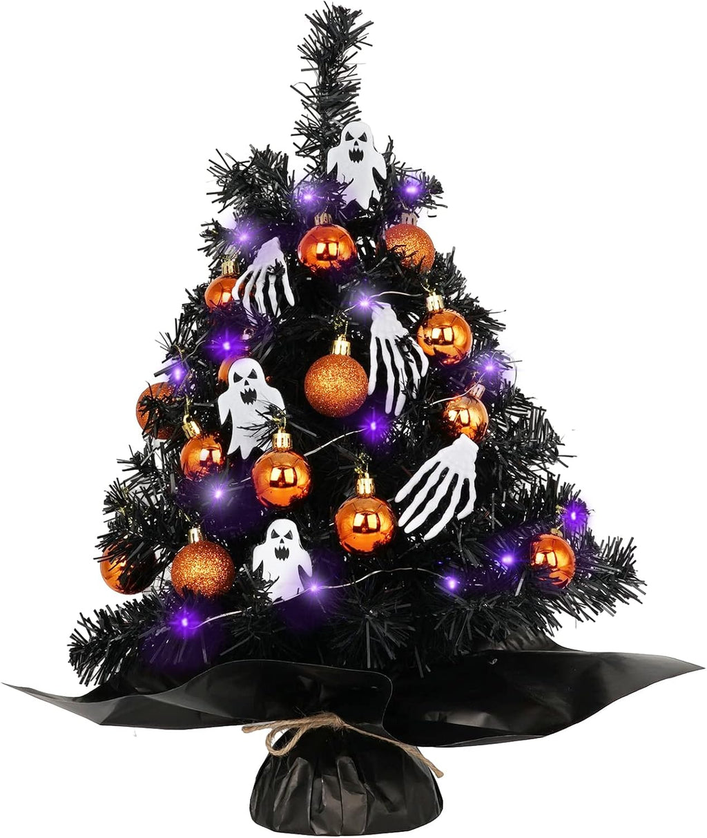 20" Mini Halloween Tree Black Tree Artificial Mini Halloween Tree with Purple LED Lights, Orange Balls Ornaments, Skeleton Hand and Ghost Decorations for Halloween Tabletop Decoration