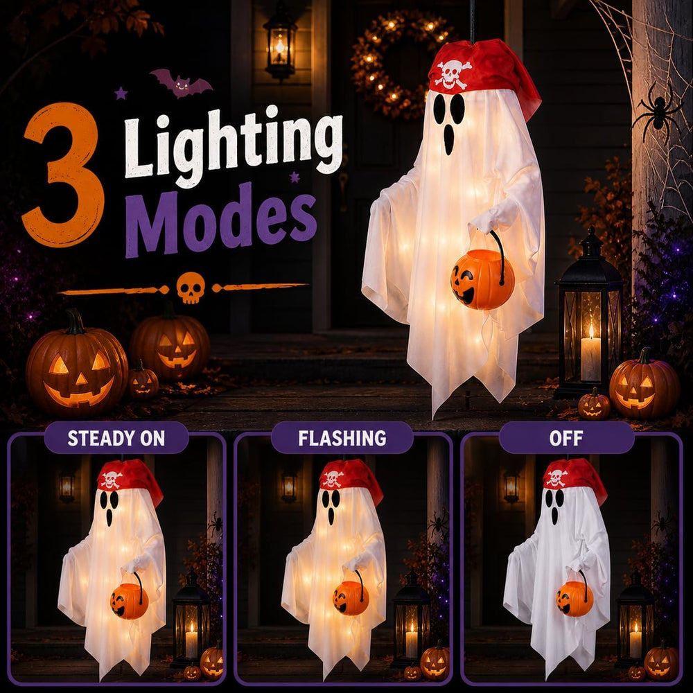JPXH 2 Pack Hanging Pirate Ghost Decorations with Lights for Halloween