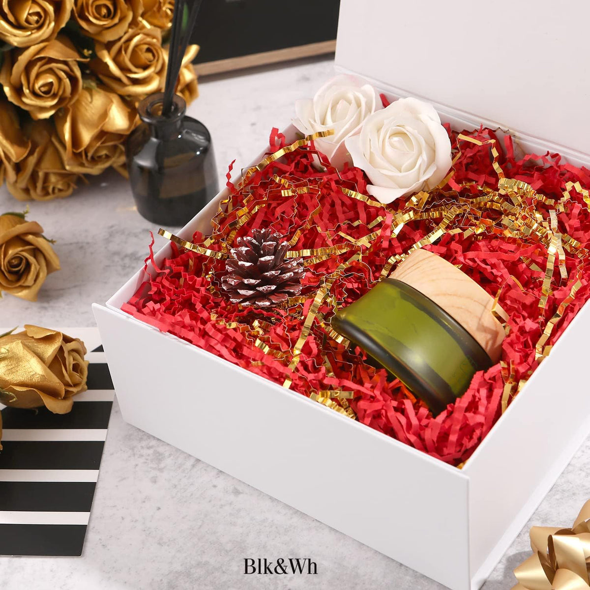 BLK&WH 6 Collapsible Gift Boxes with Magnetic Lids, 7.5x7.5x3 Inches, Bridesmaid Proposal Boxes, Matte White