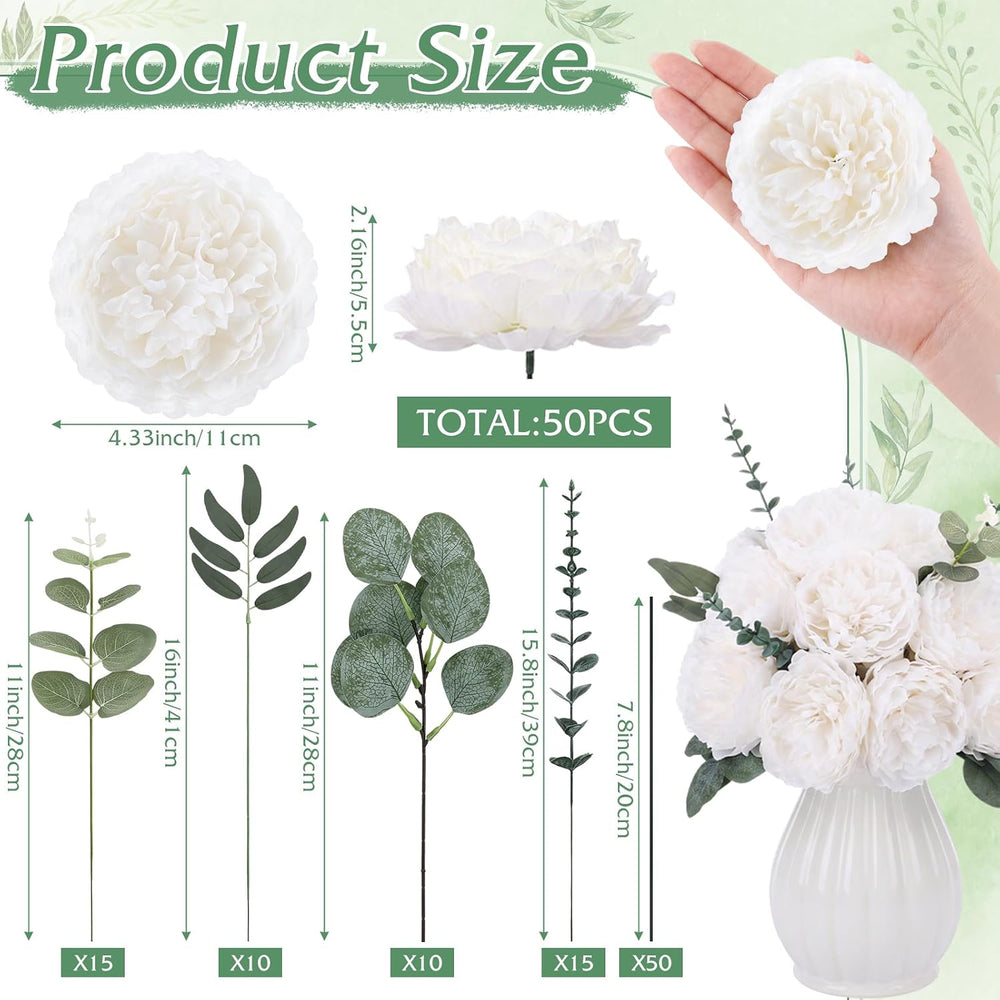 50 Pcs Peony Artificial Flowers Bulk, White