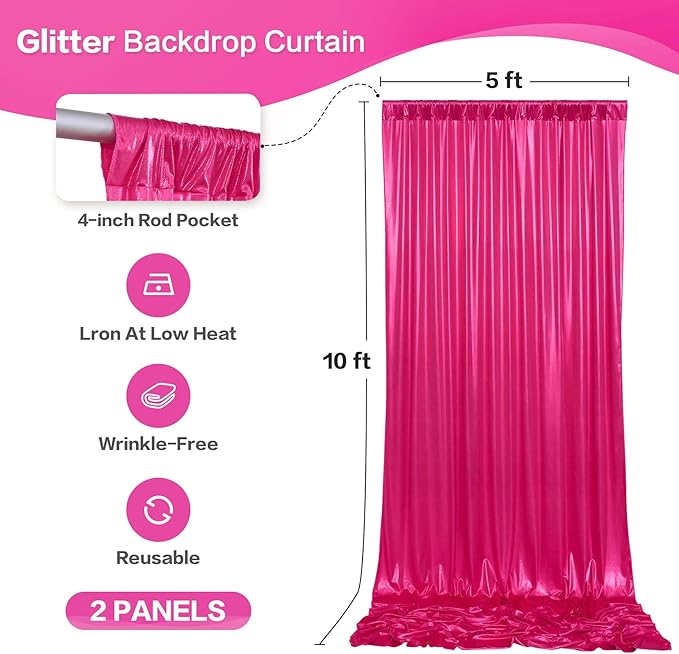 gogoparti 10x10FT Hot Pink Sequin Backdrop Curtain - 2 Panels of 5x10FT Wrinkle-Free Glitter Drapes for Photography, Birthdays, Weddings & Graduations