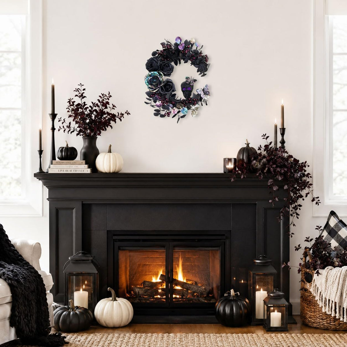 18 Inch Halloween Wreath for Front Door, Iridescent Leaves