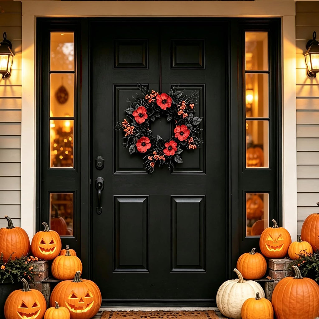 tempus halloween wreath set, 18 inch, black rose showing dimensions