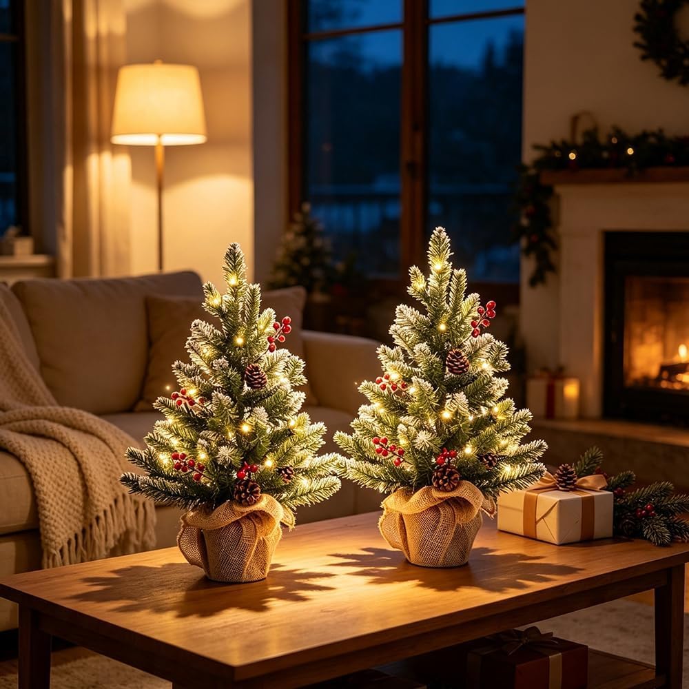 MEETYAMOR 2 FT Mini Christmas Tree, Set of 2 24" PE Prelit Small Artific...
