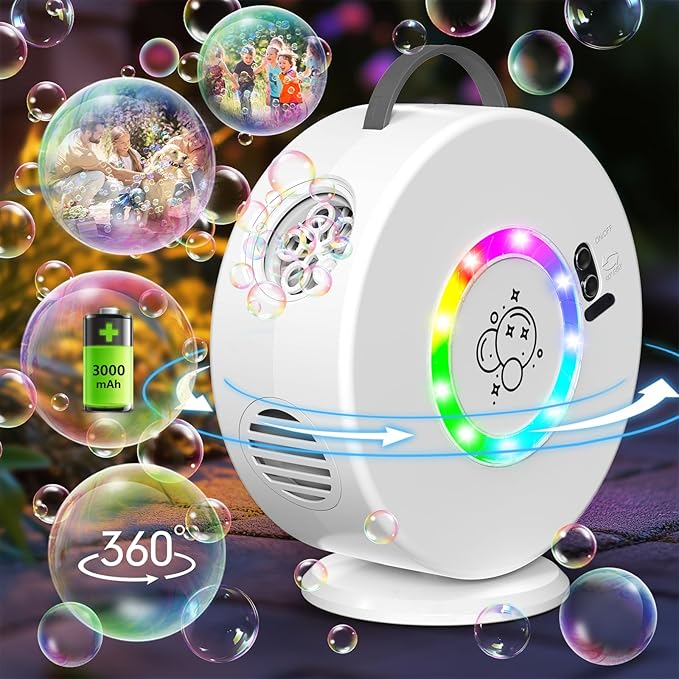 Bubble Machine for Kids Toddlers,90° 360° Auto Rotatable Portable Bubble Maker Toy for 3 4 5 Year Old, Automatic Bubble Blower with RGB Light Rechargeable, Outdoor Wedding Party Birthday Gifts