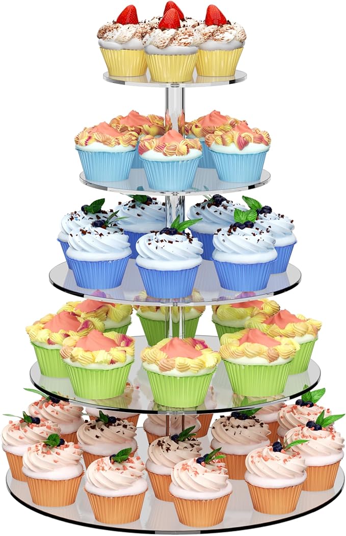weddingwish 5 Tier Round Cupcake Stand for 50 Cupcakes, Acrylic Cupcake Display Stand, Clear Cupcake Tier Stand, Cupcake Holder Stand for Birthday Party Baby Shower