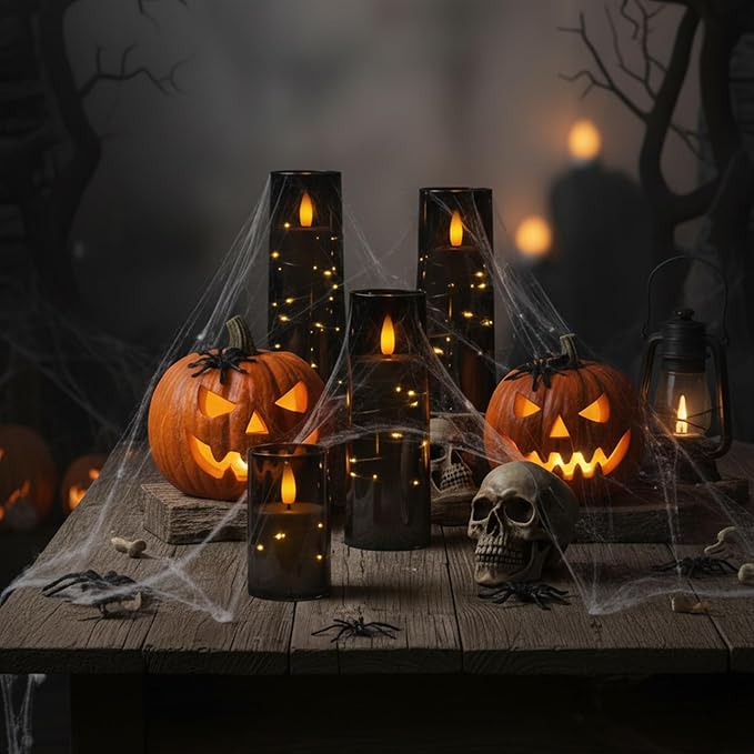 Raycare Flameless Candle with Remote Timer – 9 Flickering Acrylic Battery Operated LED Pillar Candles with Embedded Star String for Halloween, Home Decor, and as a Gift (Black) (9 Pcs)