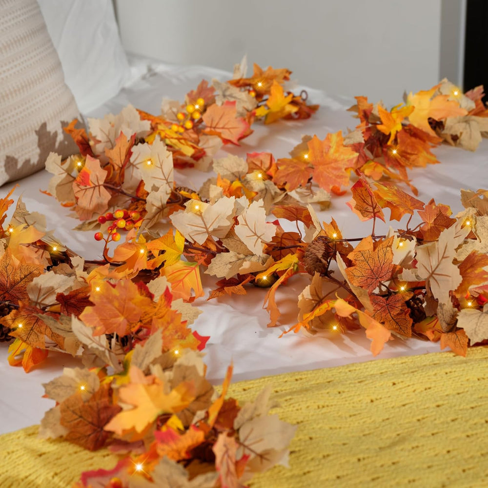 4 Pack Fall Garland with Lights, Artificial Autumn Maple Leaves Vines with LE...