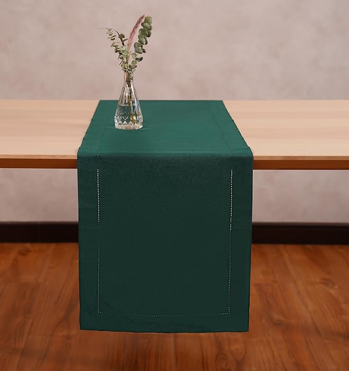 100% Pure Linen Green Table Runner 14 x 36 Inch - Small Hemstitch Christmas Table Runner - Cloth Fabric Runner for Thanksgiving, Winter, New Year - Elara