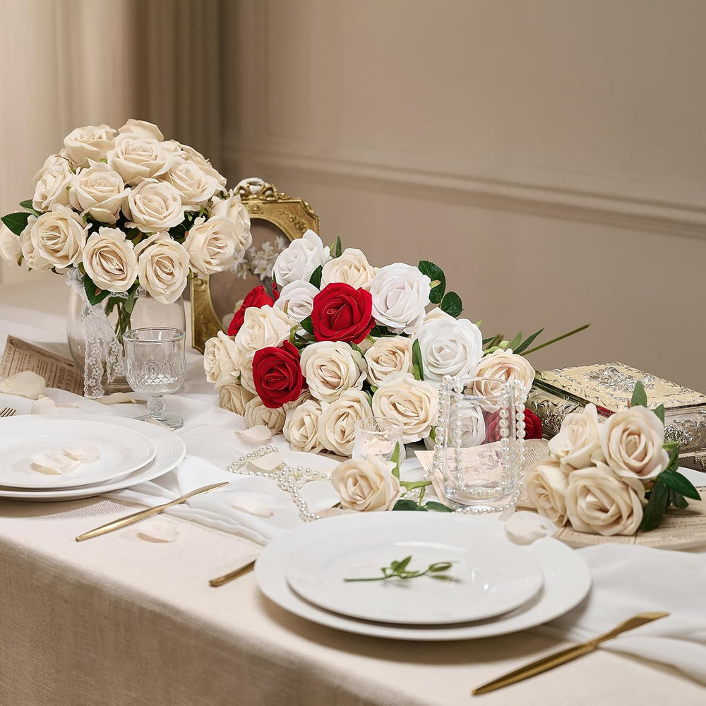 AmyHomie 48 PCS Champagne Roses, Velvet Realistic Fake Flowers w/Stems