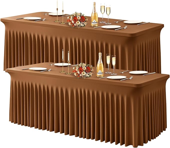 Wish Care 2 Pack Brown Spandex Table Clothes for 6 Foot Rectangle Tables, 6FT Wrinkle Free Fitted Tablecloths Ruffles Design Table Cover for Party, Banquet, Wedding and Events
