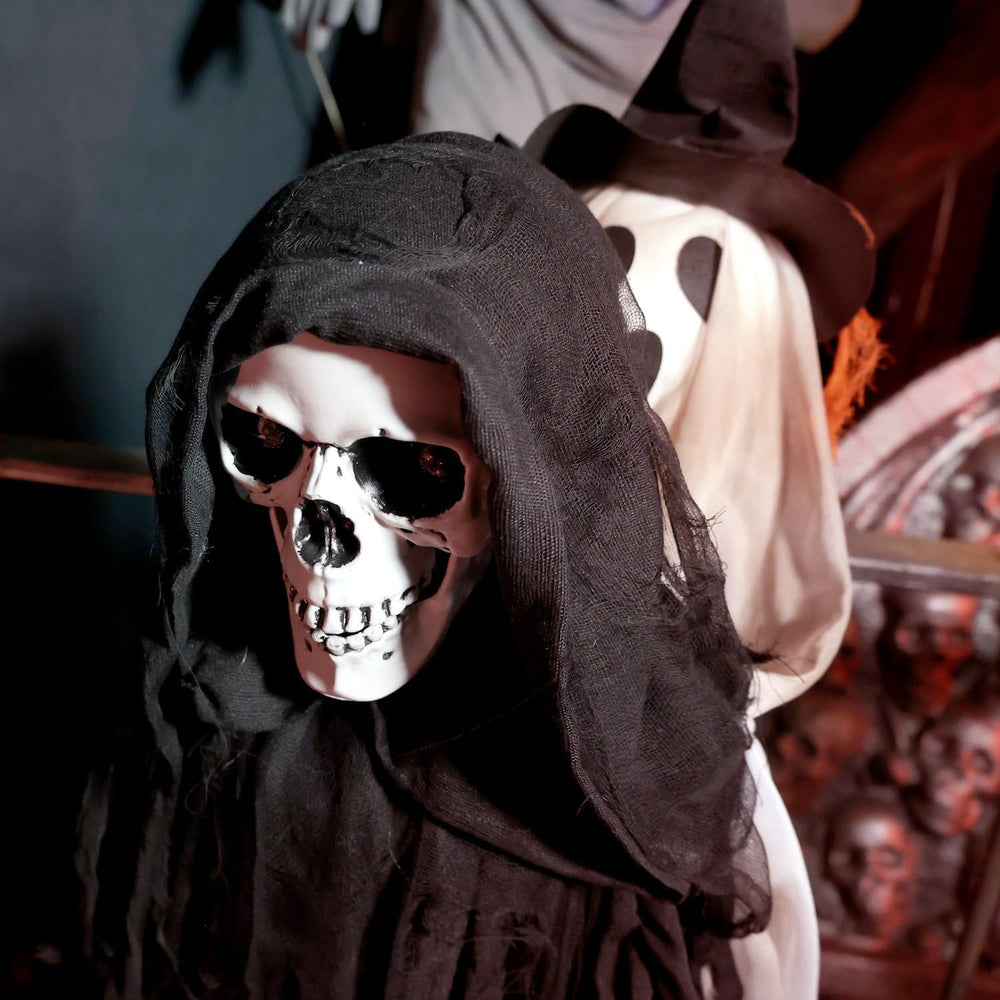 Haunted Hill Farm 3.9-Ft. Sitting Reaper w/Hide and Seek Ghost Animatronic