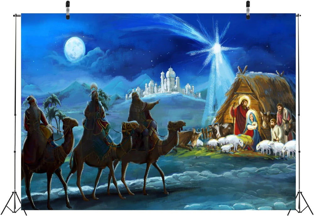 BELECO Fabric 10x8ft Nativity Scene Backdrop Christmas Night Starlight Holy F...