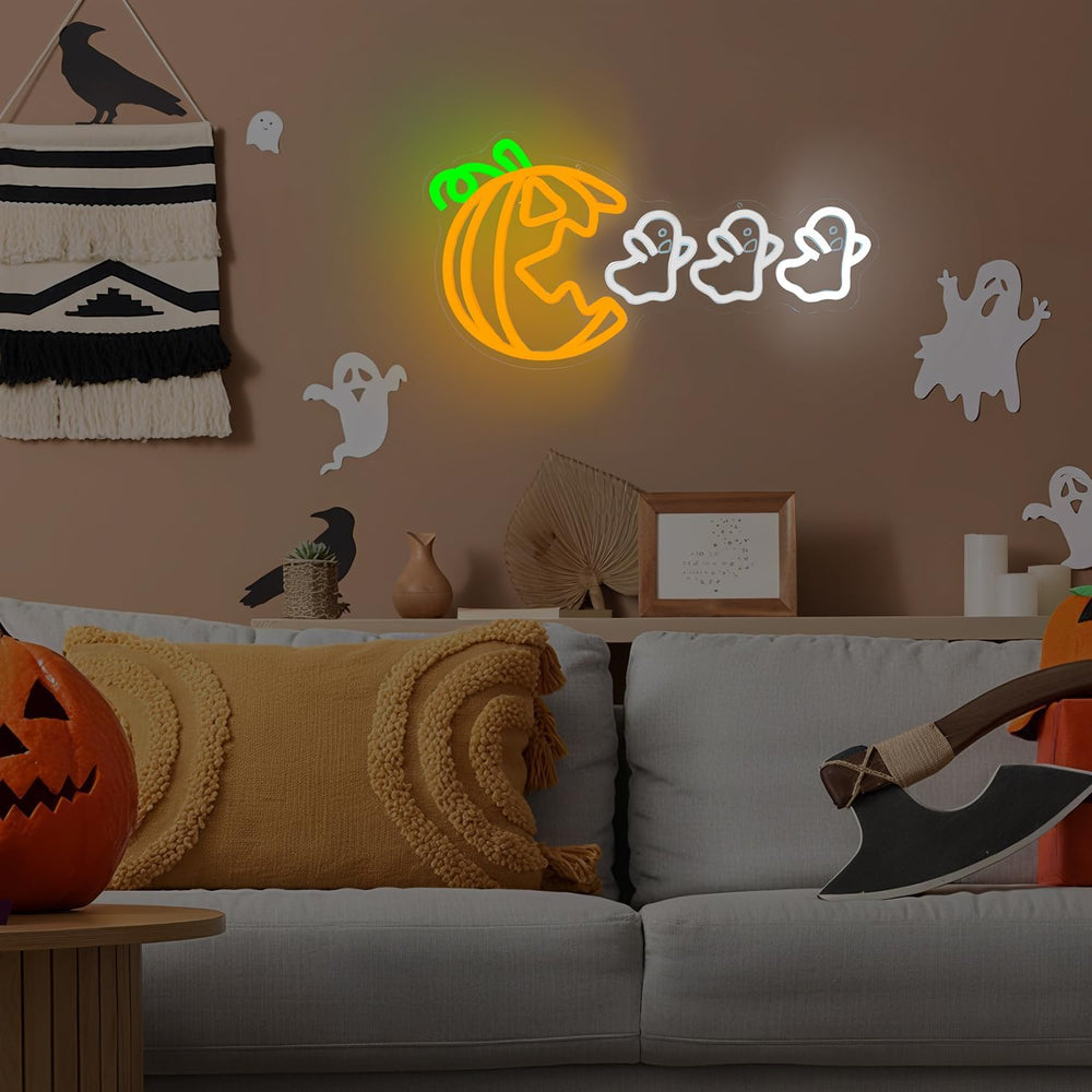 Halloween Pumpkin Eat Ghost Neon Sign Funny Spooky Pumpkin Led Sign Halloween...