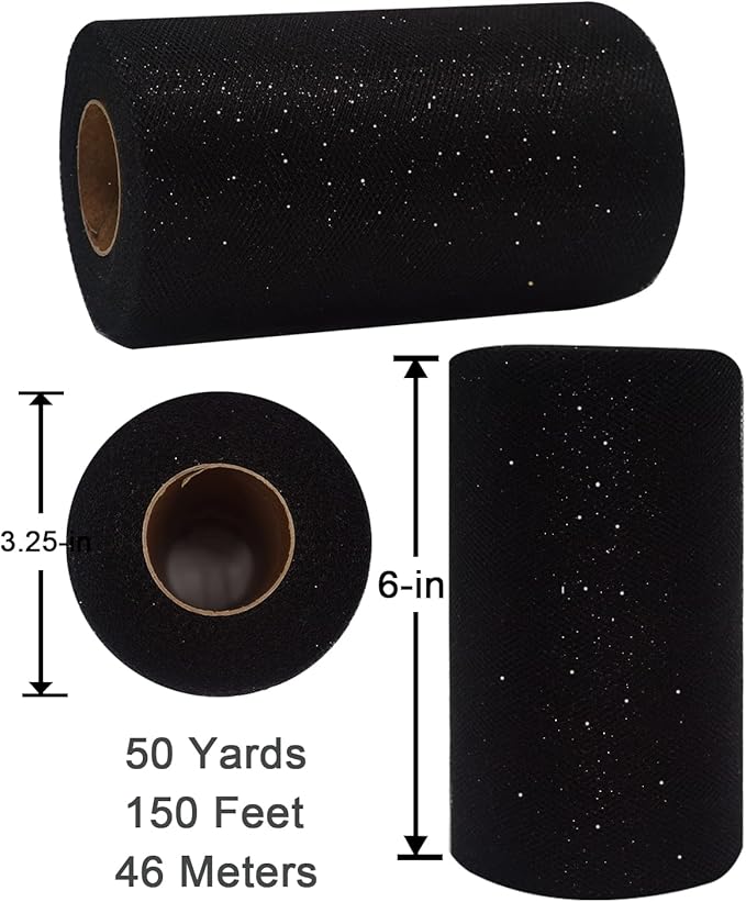 Black Glitter Tulle Fabric Rolls, 6 Inch 50 Yards (150ft) Sparkling Spool Ribbon Sequin Netting for Tutu Skirt Gift Wrapping Wedding Party Decoration (Black)