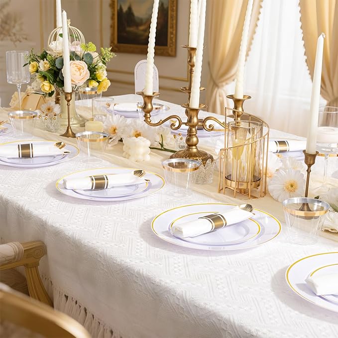 SUT 175 Pcs White and Gold Plastic Plates, Plastic Dinnerware Set for 25 Guests, Disposable Plates and Napkins Party Supplies, Gold Silverware, Plates, Cups and Napkins Sets for Party, Weddings