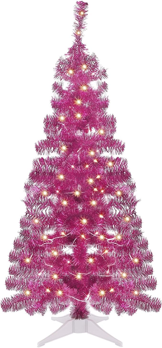 Juegoal Pink Artificial Tree, 4 FT Pre-lit Christmas Tree, Lighted Tinsel Pen...
