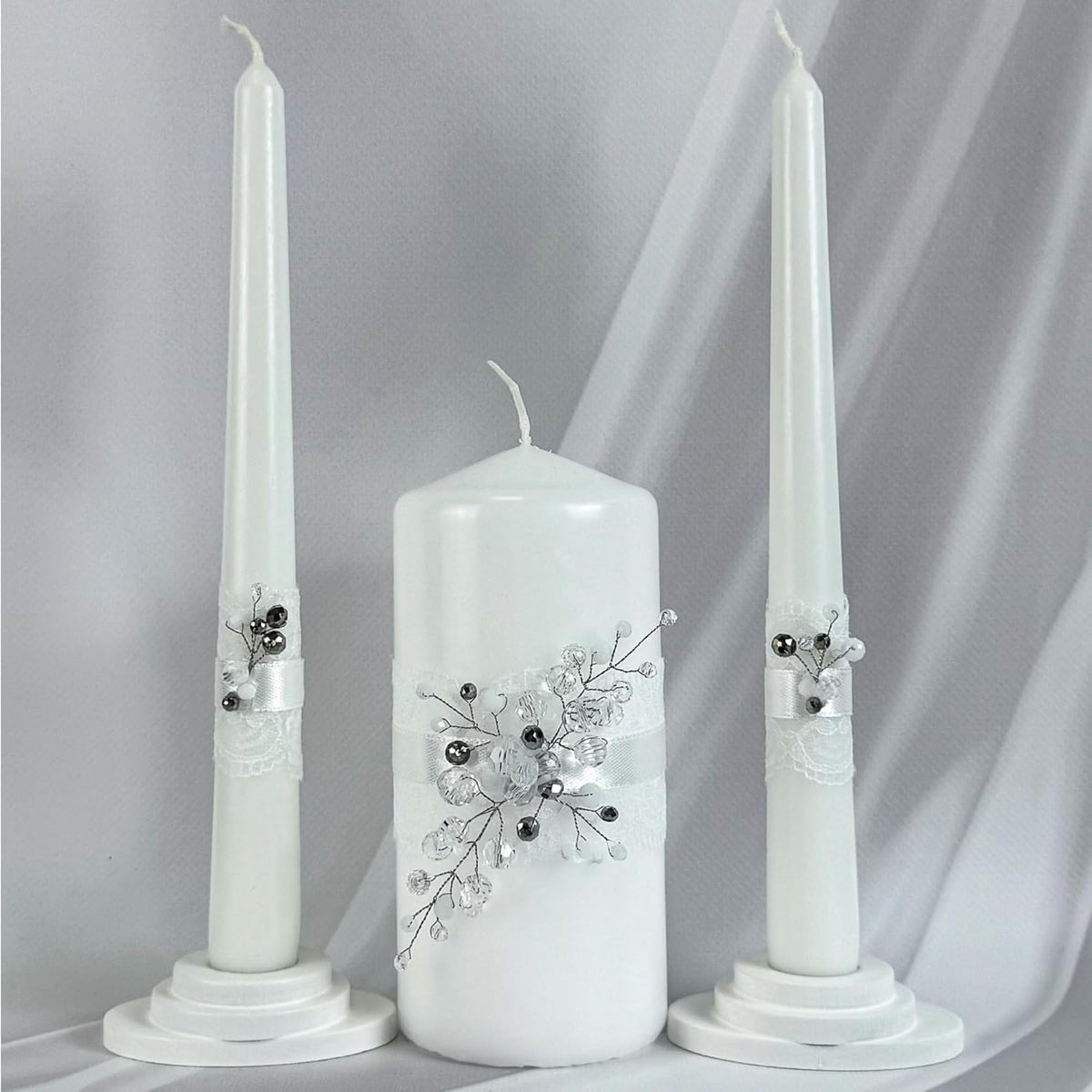 Unity Candle Set - Wedding Ceremony & Reception – 6” Pillar & Two 10” Taper Candles – Long Burning Unity Candles for Marriage Ritual – Handmade in USA –Diamond | White