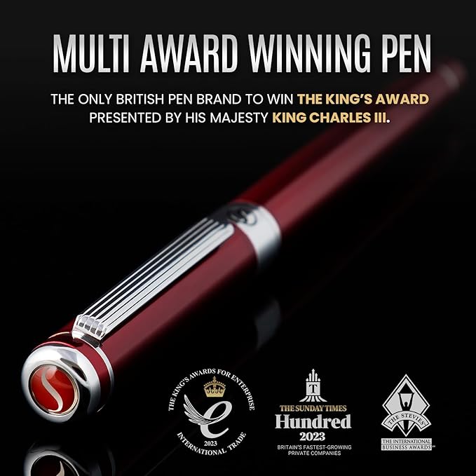 Scriveiner Deep Crimson Red Fountain Pen - Stunning Luxury Pen with Chrome Finish, Schmidt Nib (Medium), Best Pen Gift Set for Men & Women, Professional, Executive, Office, Nice Pens