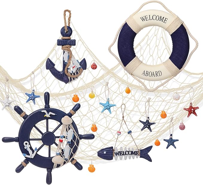 Marsui 11 Pcs Wooden Nautical Wall Decor Fishing Net Decoration, Include Decorative Fishing Net, Ship wheel, Fish Skeleton, Life Ring, Anchor, Starfish Beach Decor for Mediterranean Party (Khaki)