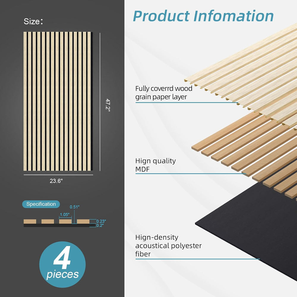 Wood Slat Acoustic Wall Panels, Yellow Oak, 4 Pack, 47.2 x 23.6 in