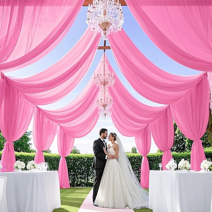 MODFUNS Pink Wedding Drapes 5x30ft 2 Panels Wedding Arch Draping Fabric Chiffon Semi Sheer Drapery Curtain Ceiling Covering Fabric for Party Banquet Decorations