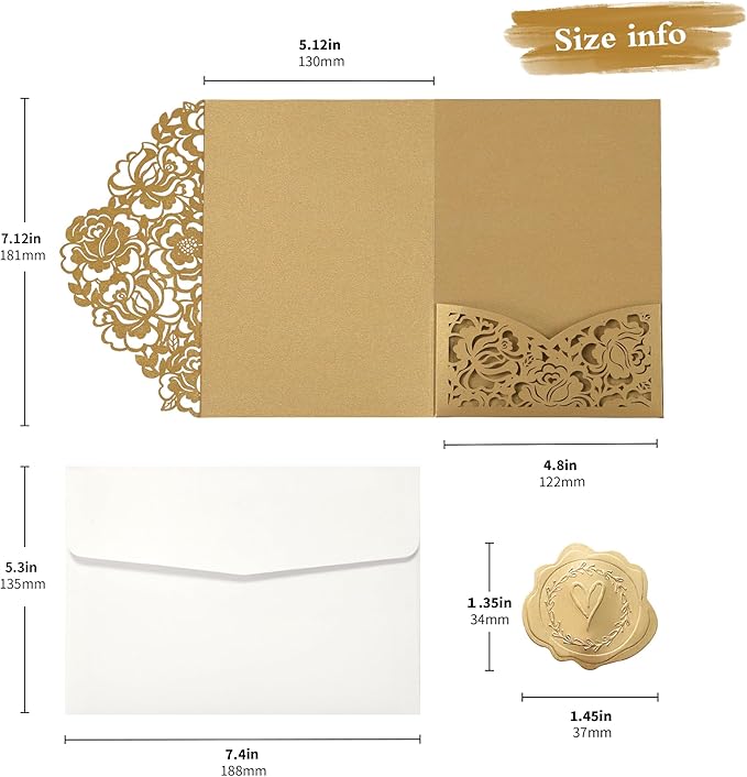 DORIS HOME 50pcs Laser Cut Wedding Invitation Pockets with Envelopes Gold, 5.12" x 7.12"Invitation Cards for Wedding, Anniversary (No Inserts Included)