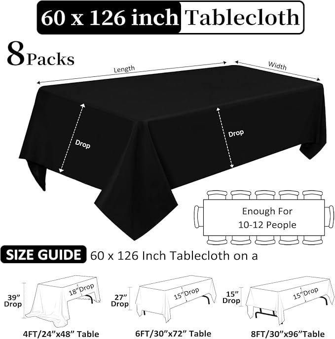8 Pack Black Tablecloths 60 x 126 Inch Rectangular Table Cloths for Rectangle Tables 8ft, Wrinkle Resistant Black Table Cloth Washable Polyester Fabric for Buffet Wedding Party Banquet