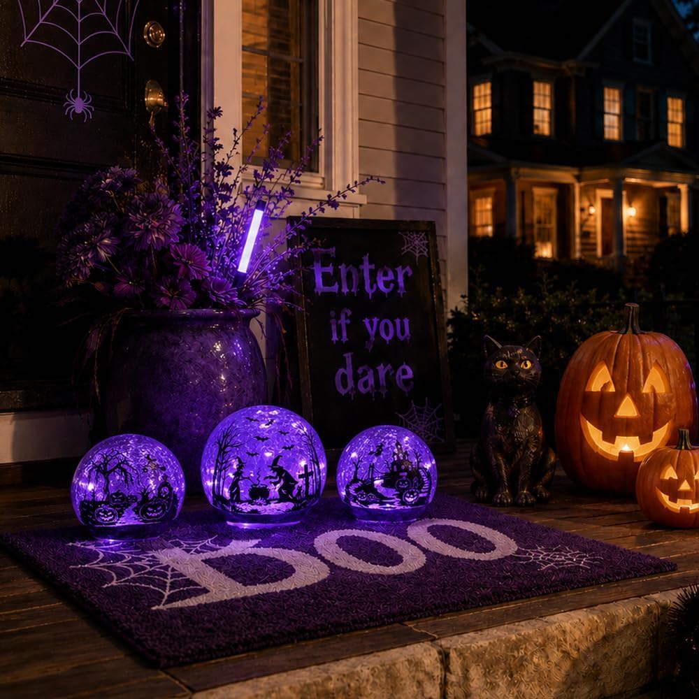 NEEDOMO Halloween Decorations Indoor, 3 Pack Witch Crackle Glass Globe Purple...