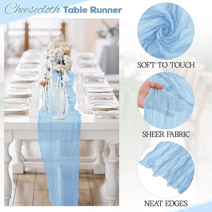 Aktor 12 Pack Light Blue Table Runner Boho Cheesecloth Table Runner Semi Sheer Gauze Fabric Runners for Wedding Birthday Baby Shower Party Boho Table Decoration（Light Blue）