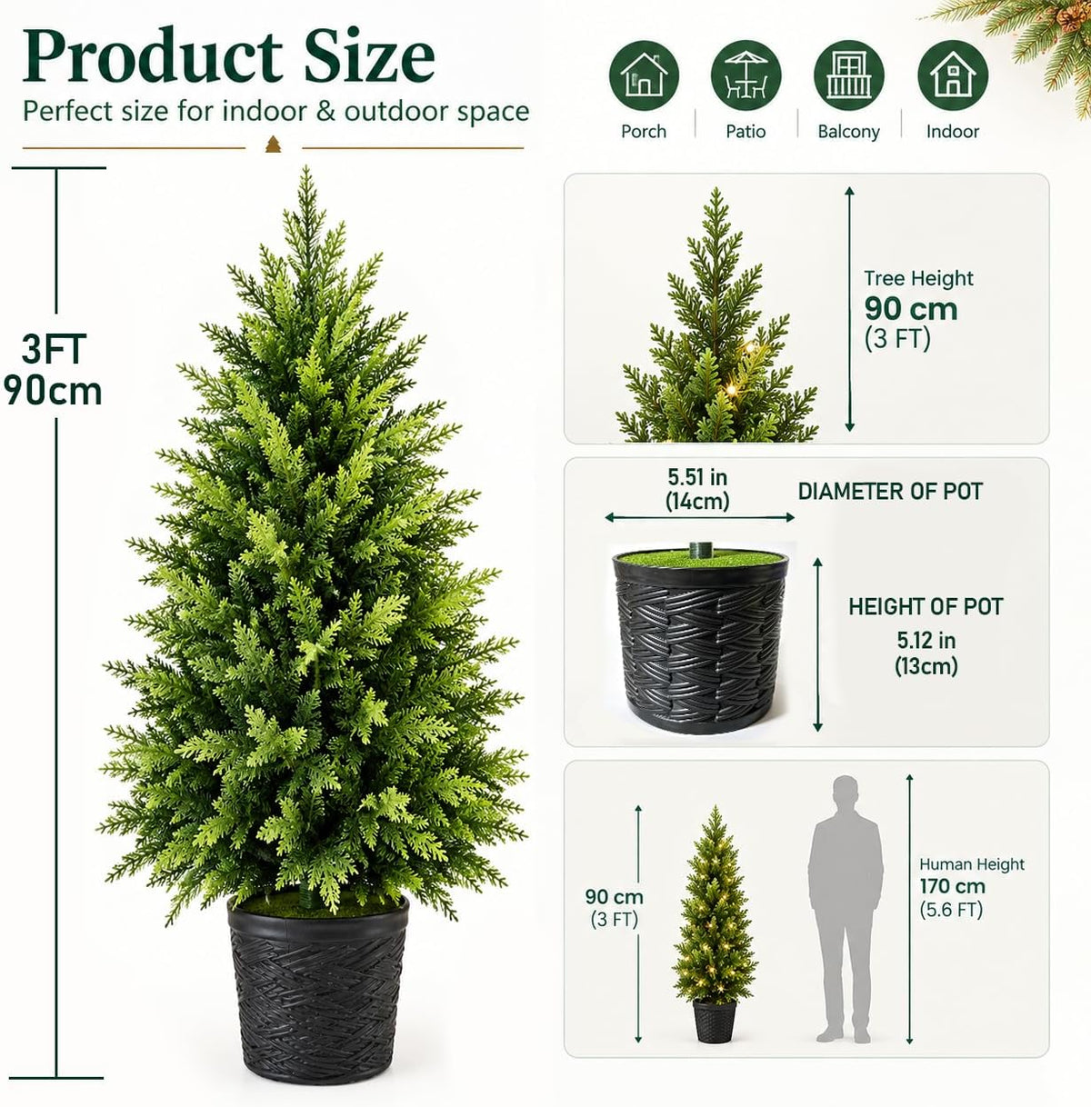 1 piece 3ft prelit cedar topiary christmas tree showing dimensions