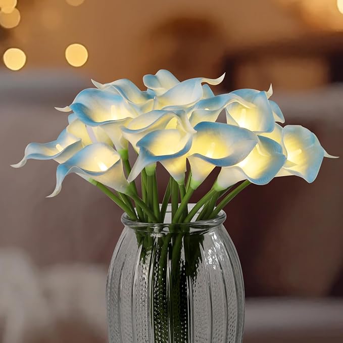 20pcs Artificial Calla Lily Bouquet Lamp Faux Floarl Night Light Real Touch Flower Night Lamp LED Calla Lily Lighted Artificial Flower for Her Gifts Home Kitchen Decor(Light Blue)