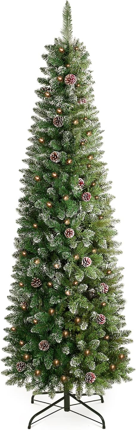 OasisCraft 7ft Snow Pencil Christmas Tree, Pre-lit Artificial Slim Christmas ...