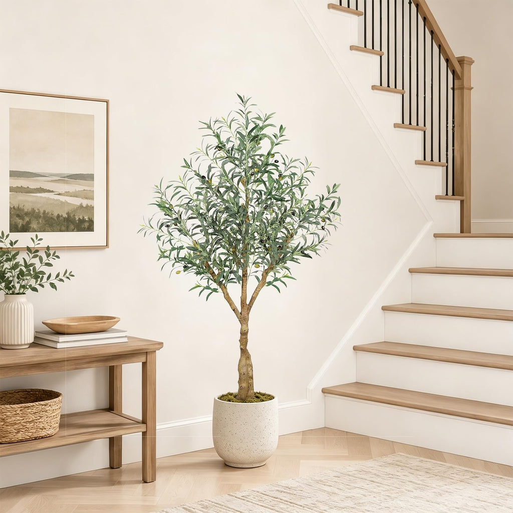 Olive Trees Artificial Indoor, 5FT Tall Faux Olive Tree with Lush Leaves and Lifelike Fruits, Artificial Plants in Sturdy Pot for Indoor Home Office Living Room Decor