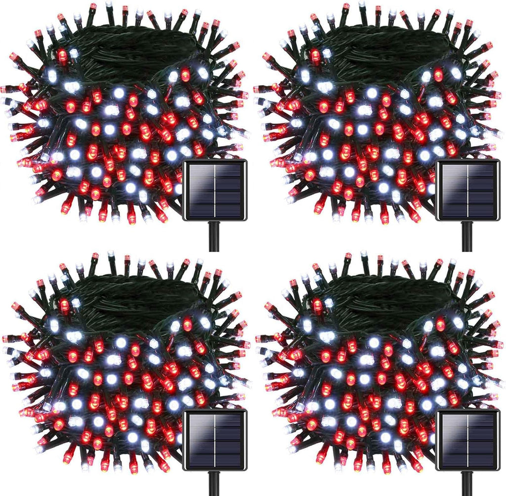 OZS 4 Pack 320LED Solar Christmas String Lights Outdoor, Waterproof 8 Modes Solar Tree Light, Green Wire Christmas Lights Outdoor for Garden, Party, Wedding, Christmas Decorations (Red&Cool White)