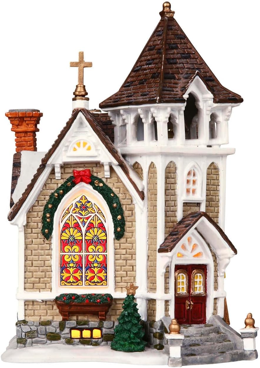 lemax christmas village little river church battery operated, close-up detail