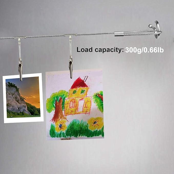 6 Pack 5 ft Steel Wall Hanging Photo Display Cable Wire Rod String with 12PCS Clips, Picture Holders for Kids Crafts, Notes
