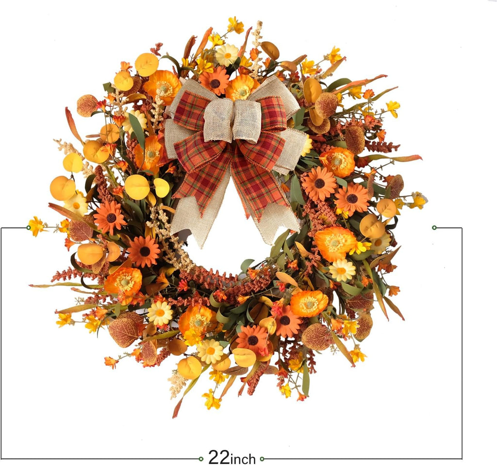 tempus 22inch artificial autumn daisy wreath fall leaves, close-up detail