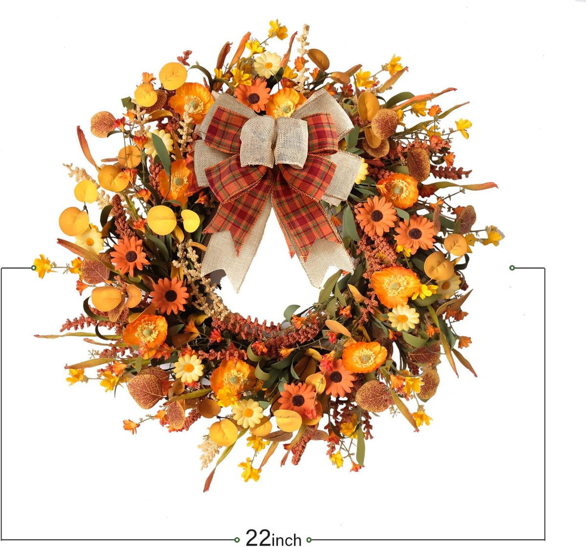 tempus 22inch artificial autumn daisy wreath fall leaves, close-up detail