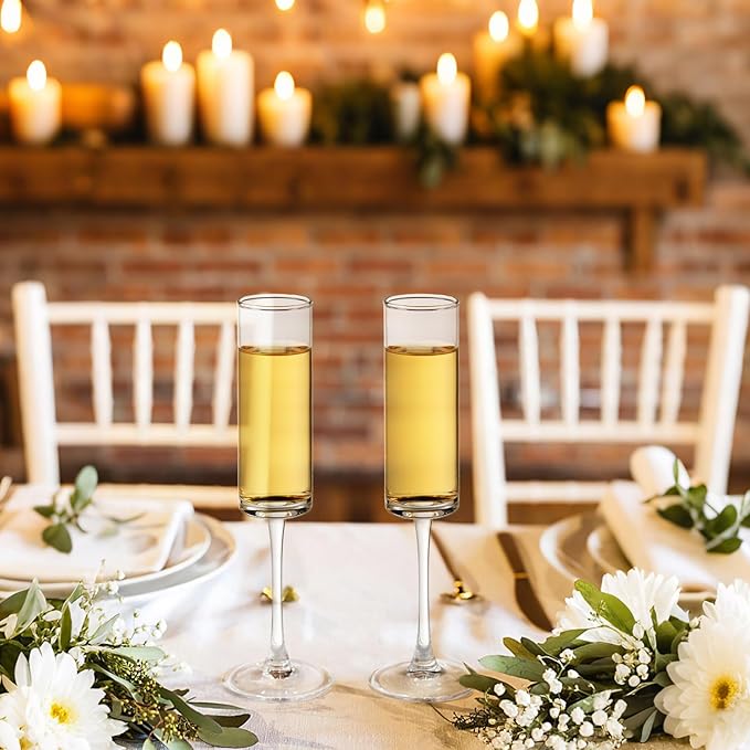 24 Pieces Clear Champagne Flutes 6 OZ Straight Sided Wine Glasses Champagne Long Stem Drinking Colored Glasses,Set of 24 Hand Blown Champagne Flutes Goblets for Wedding Cocktail Cups,Cava, Prosecco