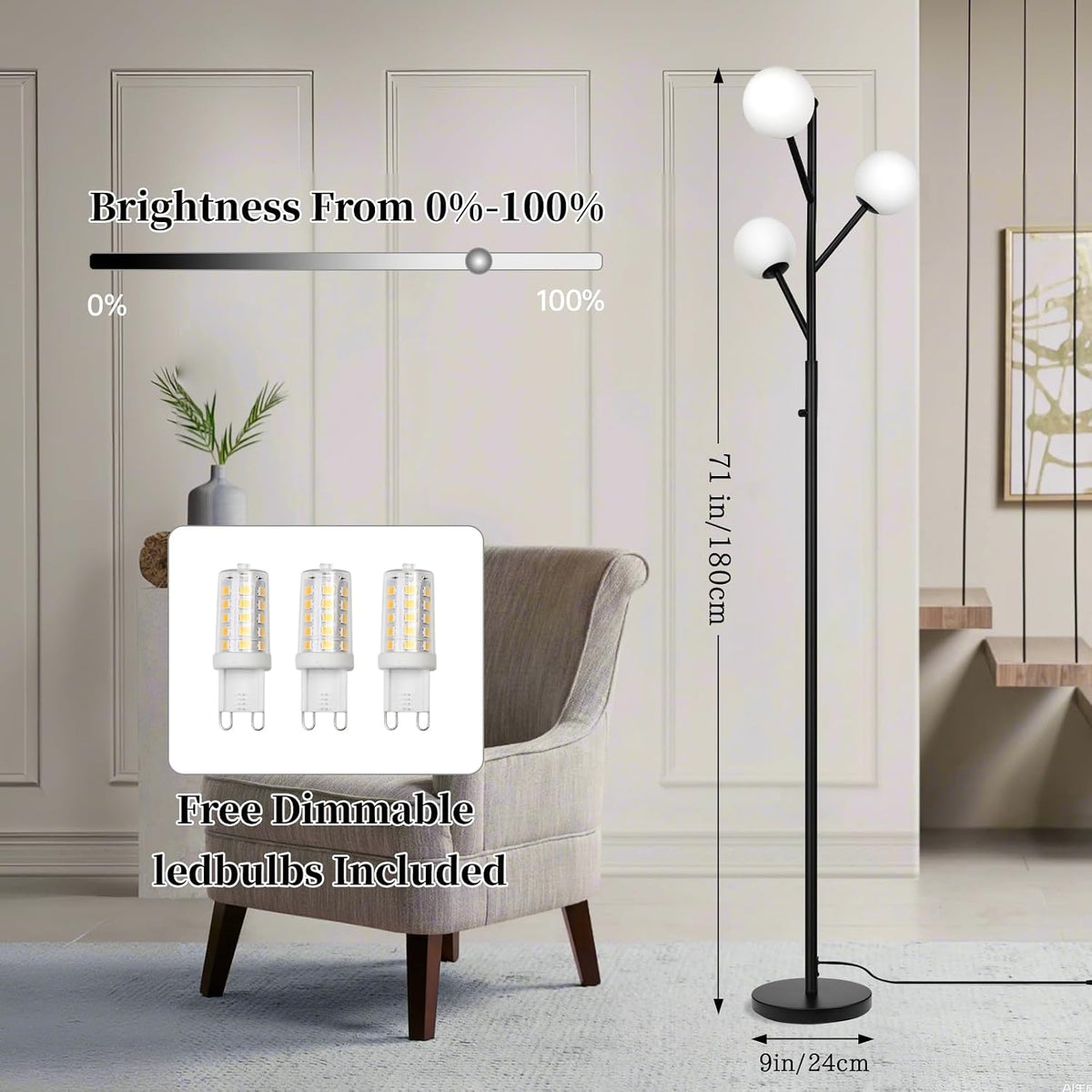Ldeco 3-Globe Mid Century Black Tree Floor Lamp for Living Room,70in Tall Modern Stepless Dimmable Standing Lamp with Frosted Glass Shade for Office Bedroom, Study Room Bulbs Included(dimmer-Black)