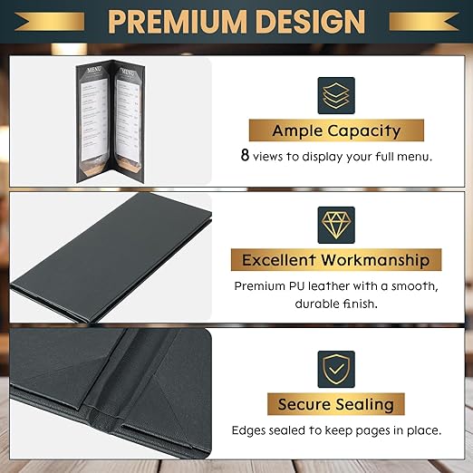 12 Pack 2 View Menu Holder Menu Covers 4.25" x 11" | Black Leather Menu Sleeves Book Style for Restaurant Coffee Bars Wine List