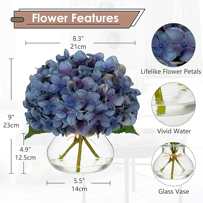 Hollyone Blue Hydrangea Fall Flowers Artificial for Decoration with Glass Vase Autumn Silk Faux Flower Arrangements with Fake Water Table Centerpiece Vase with Flowers Fall Decorations for Home