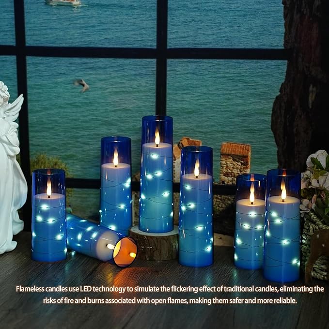 Flickering Flameless LED Candles,Battery Operated Candles 9 Pcs with Embedded Star String,Acrylic LED Pillar Candles with Remote,Suitable for Home Decoration to Create an Atmosphere (Blue)