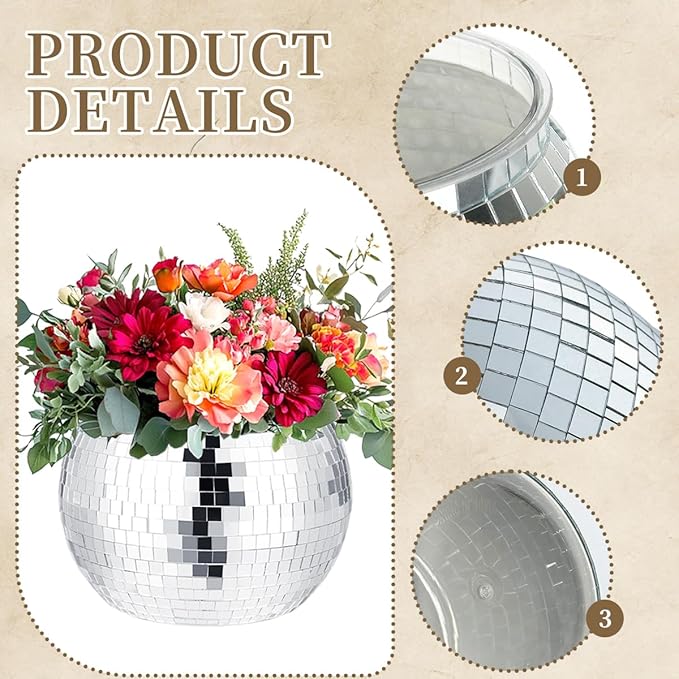 4 Pcs Disco Ball Vases,Plastic Disco Ball Centerpieces 6" X 6.7" Disco Ball Decor Silver Mirror Disco Ball Planter Can Be Used for Wedding Centerpieces,Birthday,Office