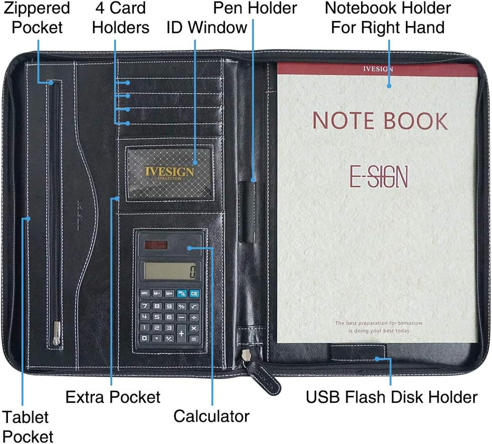 Faux Leather Portfolio Padfolio Organizer with Calculator, Writing Pad, Zippe...